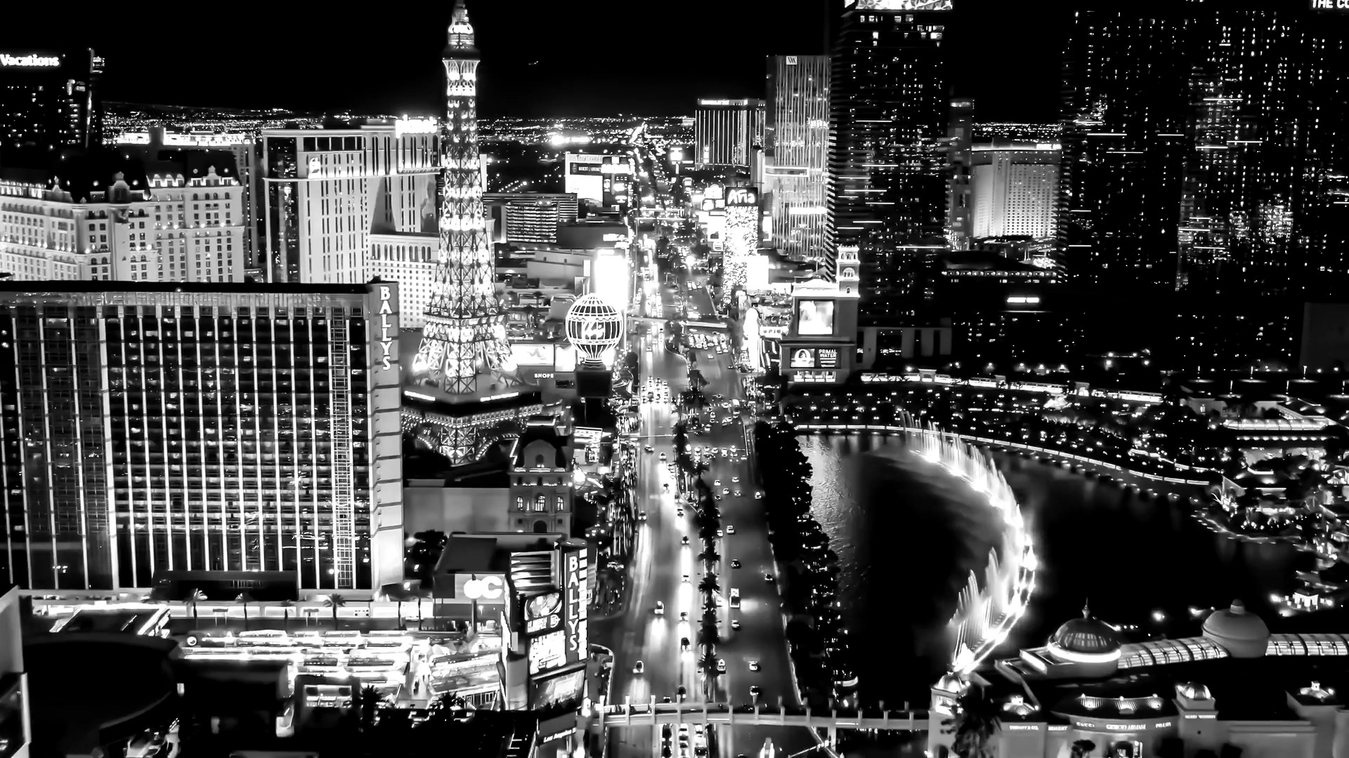 Aerial view of Las Vegas Strip at night with iconic casino hotels