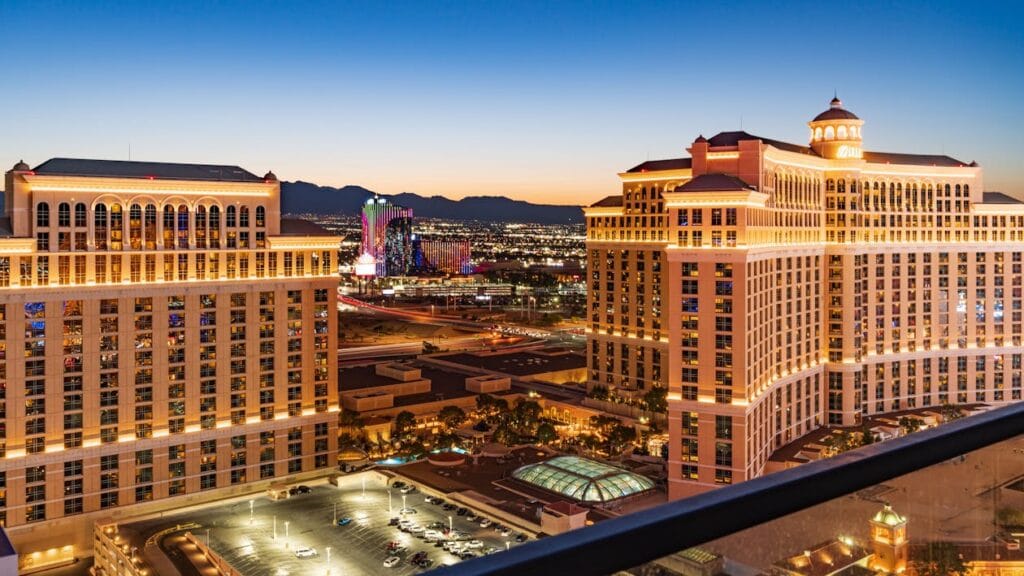 Aerial view of Bellagio Hotel and Resort in Las Vegas at dusk