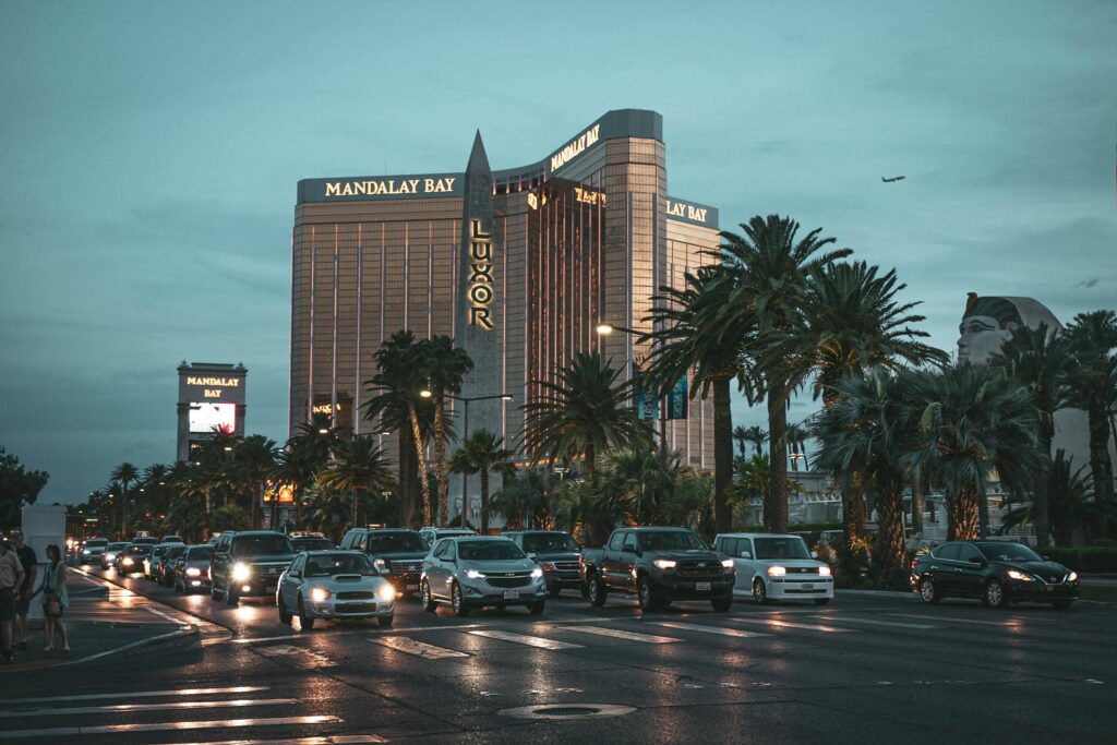 Mandalay Bay Resort and Luxor pyramid on Las Vegas Strip at dusk