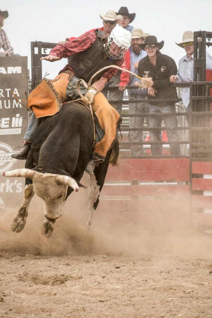 Cowboy bull riding at NFR rodeo event in Las Vegas