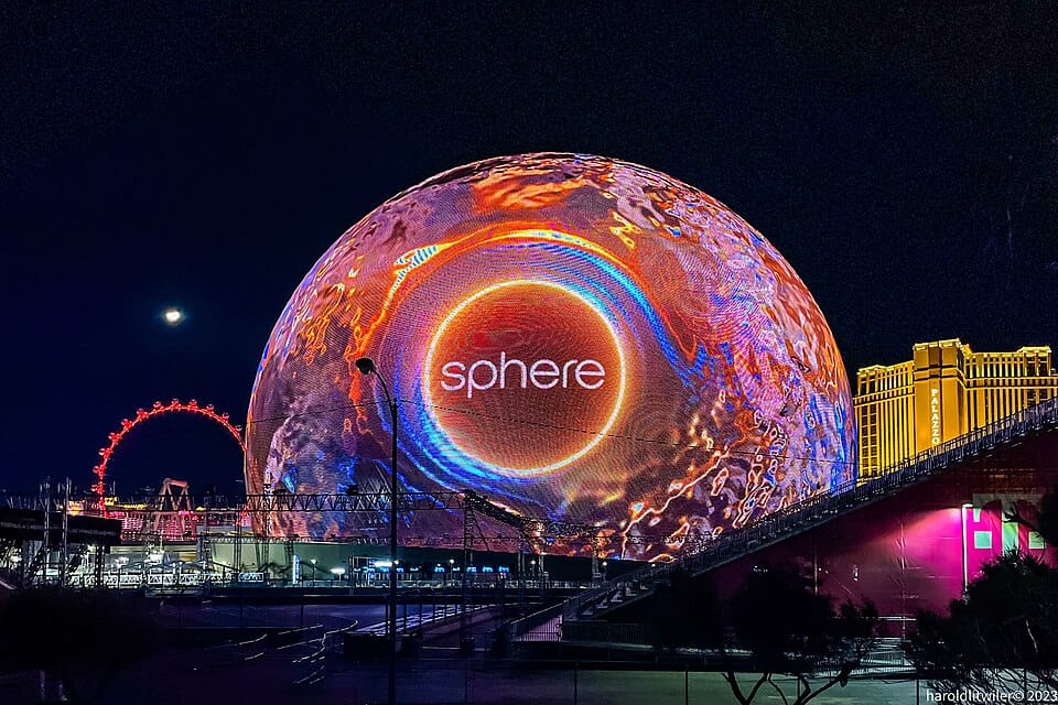The Sphere in Las Vegas at night, a bookable venue for corporate events and convention activations near the Venetian Expo