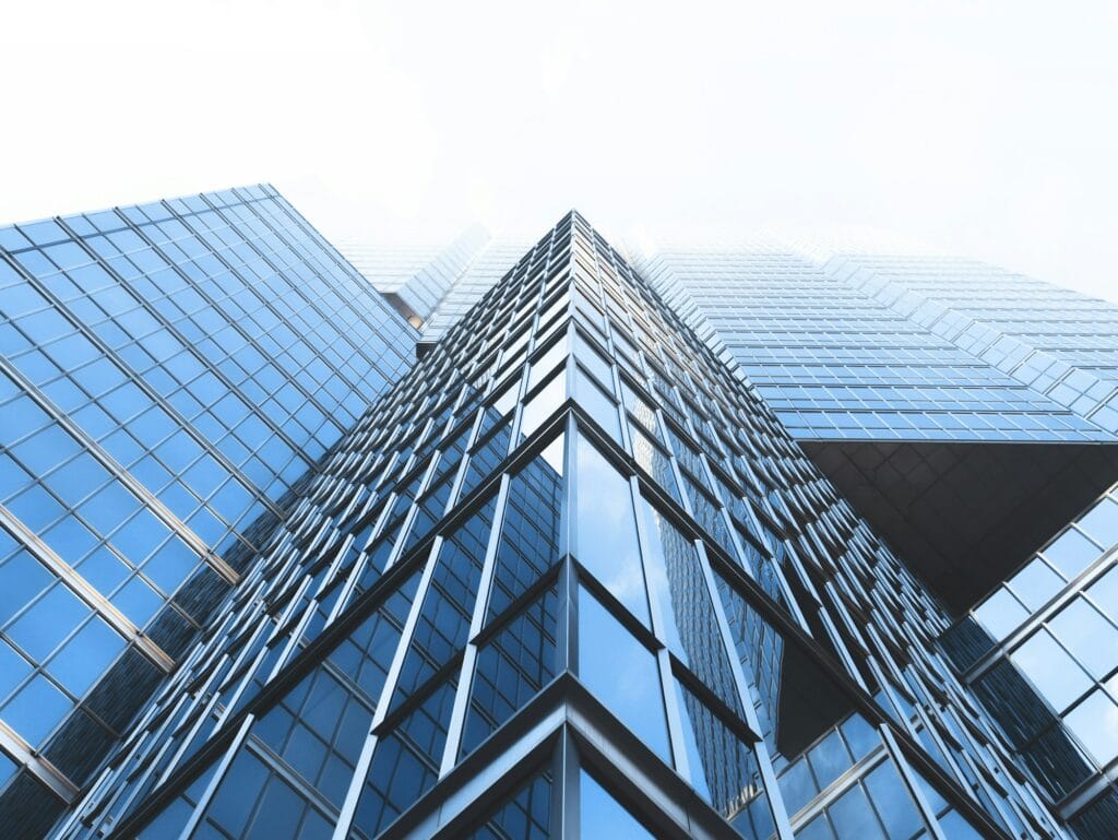 Glass curtain wall facade of a modern building