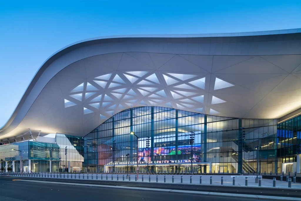 Las Vegas Convention Center West Hall entrance at dusk. Photo: LVCVA