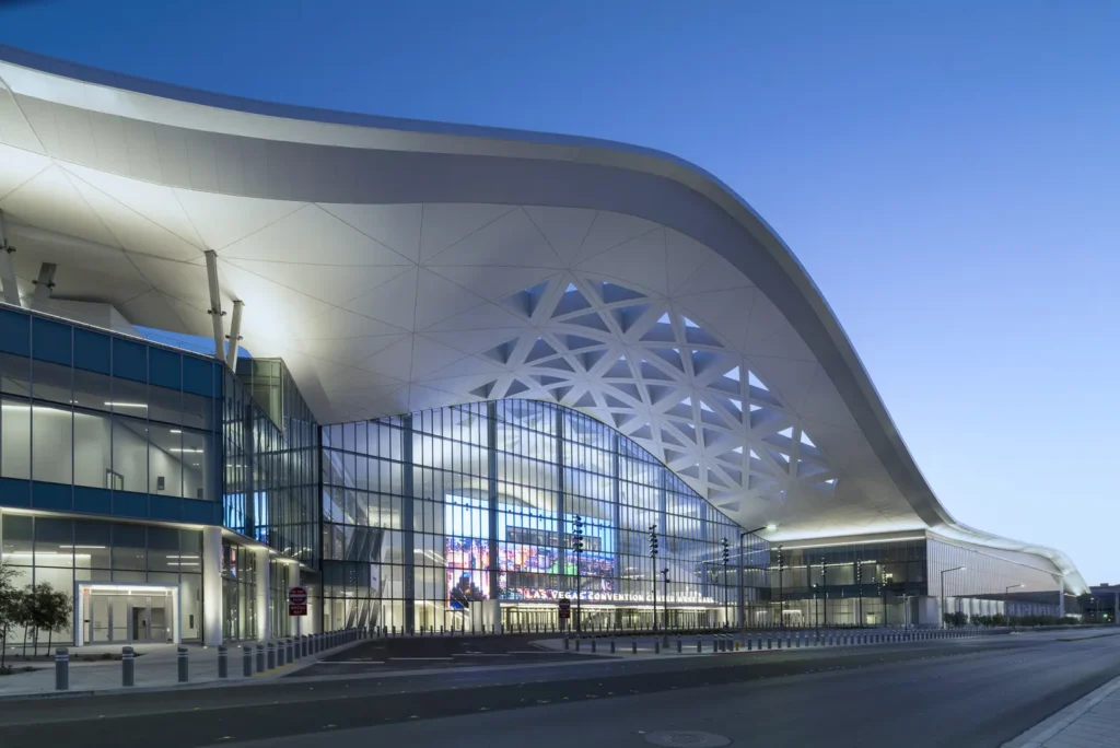 Las Vegas Convention Center West Hall exterior at dusk. Photo: LVCVA