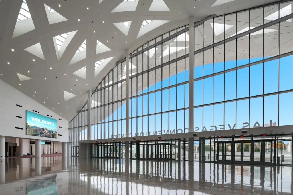 Interior of the Las Vegas Convention Center West Hall atrium with triangulated ceiling. Photo: LVCVA