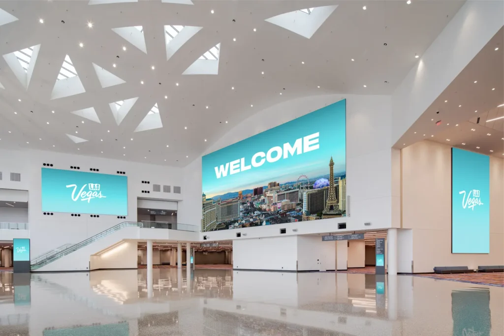 Inside the Las Vegas Convention Center West Hall lobby with the Vegas welcome screen. Photo: LVCVA