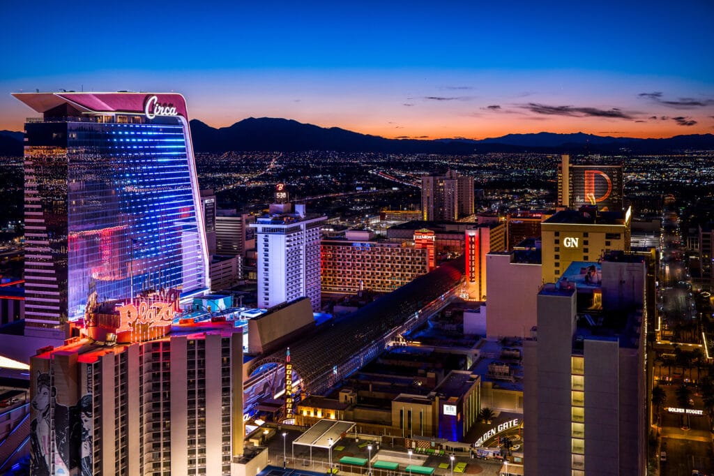Downtown Las Vegas at night featuring Circa Resort and Fremont Street aerial view - Credit LVCVA