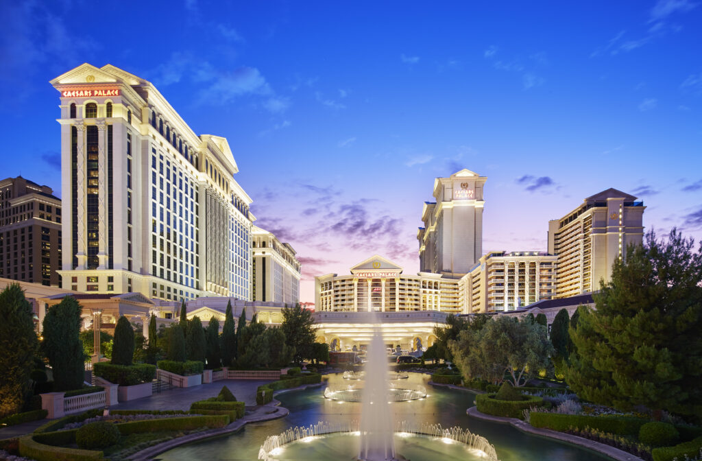 Caesars Palace Las Vegas exterior with fountain at dusk